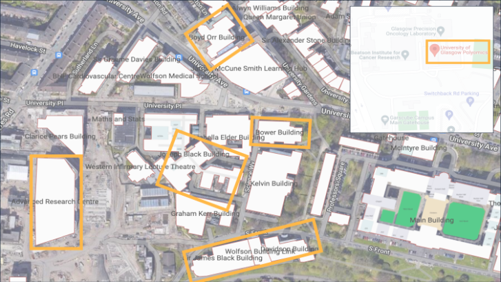 An aerial map of the school - buildings highlighted in orange