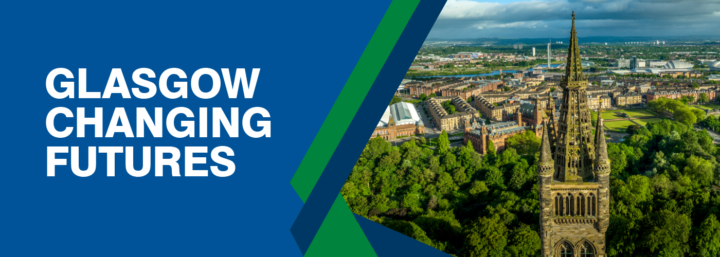 Image of the University of Glasgow with the words Glasgow Changing Futures to the left hand side