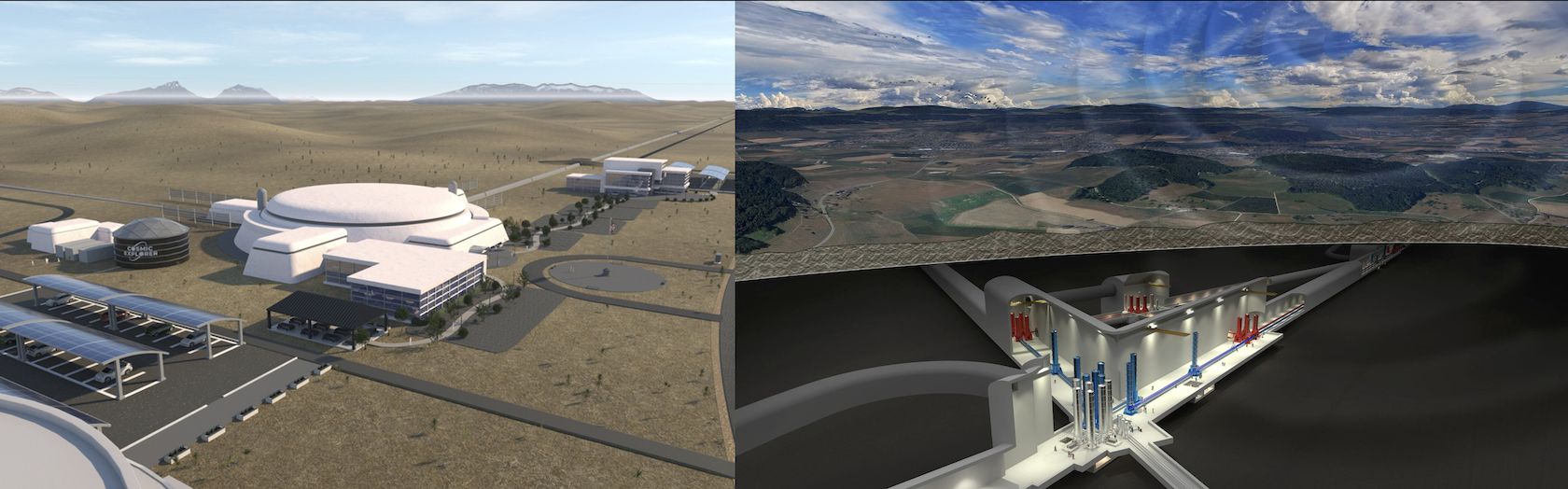 Artist's impressions of the Cosmic Explorer and Einstein Telescope projects )Cosmic Explorer credits: A. Nguyen, V. Kitchen, E. Anaya, California State University Fullerton   Einstein Telescope credits: M. Kraan, Nikhef)