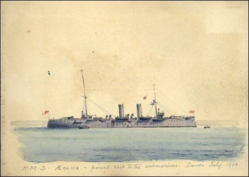 Coloured sketch of HMS Aeolus sketched from Dover, title 