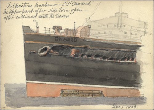 Coloured sketch of the damage to the 'Onward' titled 