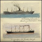 Coloured sketches of three ships titled 