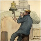 Coloured sketch of a man on the deck of the 'SS Garmoyle', near the ship's bell, looking into the distance with a pair of binoculars, titled 