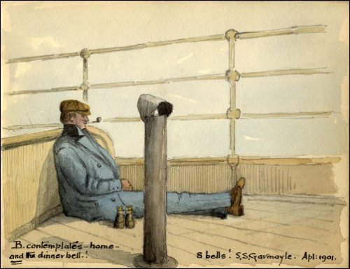 Coloured sketch of a man sitting on the deck of the 'SS Garmoyle' smoking a pipe and with a pair of binoculars at his side, titled 