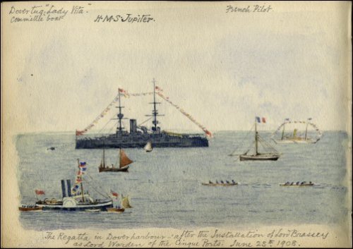 Coloured sketch of the Regatta in Dover harbour, titled 