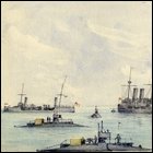 Coloured sketch of submarines and of the 'HMS Hazard' and 'HMS Bonaventure', titled 