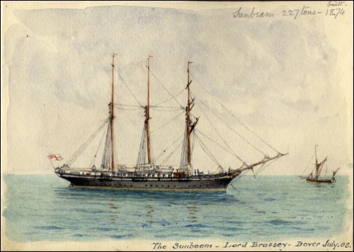 Coloured sketch of the sailing ship 'Sunbeam', titled 