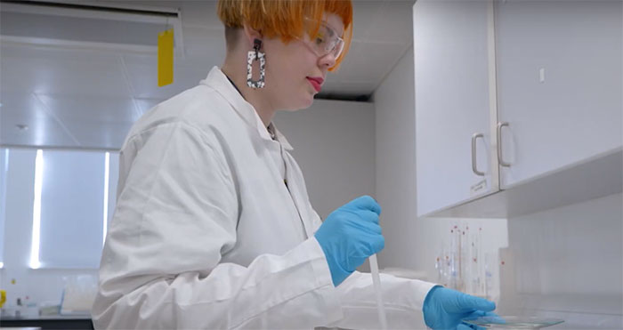 Researcher in lab working on the colour preservation of the historical Caledon textile dyes