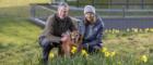 Rob and Dianne Hewgill with Oscar outside the University of Glasgow Small Animal Hospital. Photograph by Martin Shields