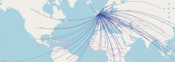 Map with lines extending out from Glasgow, across the world, to illustrate the many partners with which we share research collaborations