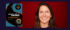 The author, Melanie van de Velde, smiles in a photo on the right before a red background. On the left is a copy of her book, Lead like a Genius, which states the title on a blue and orange cover