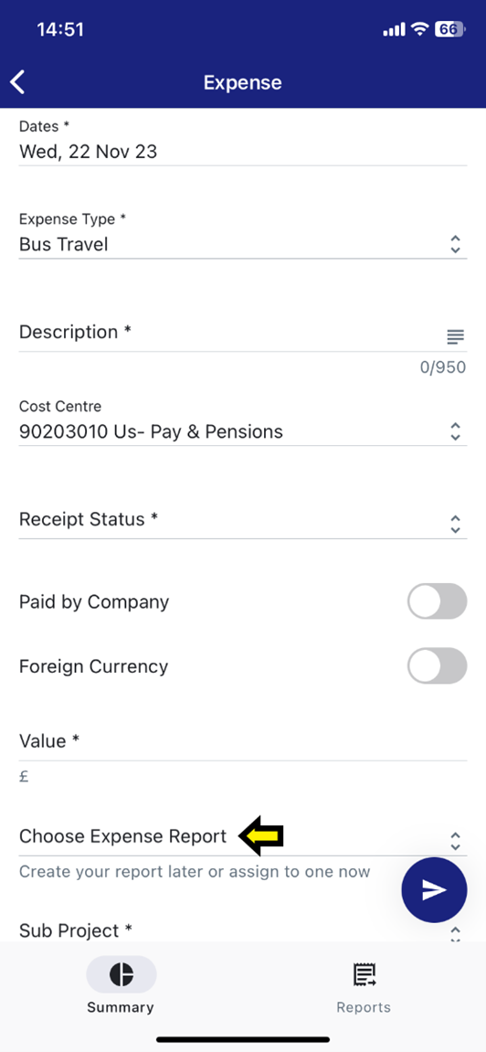 click on choose expense report to select which report this item is to be attached to