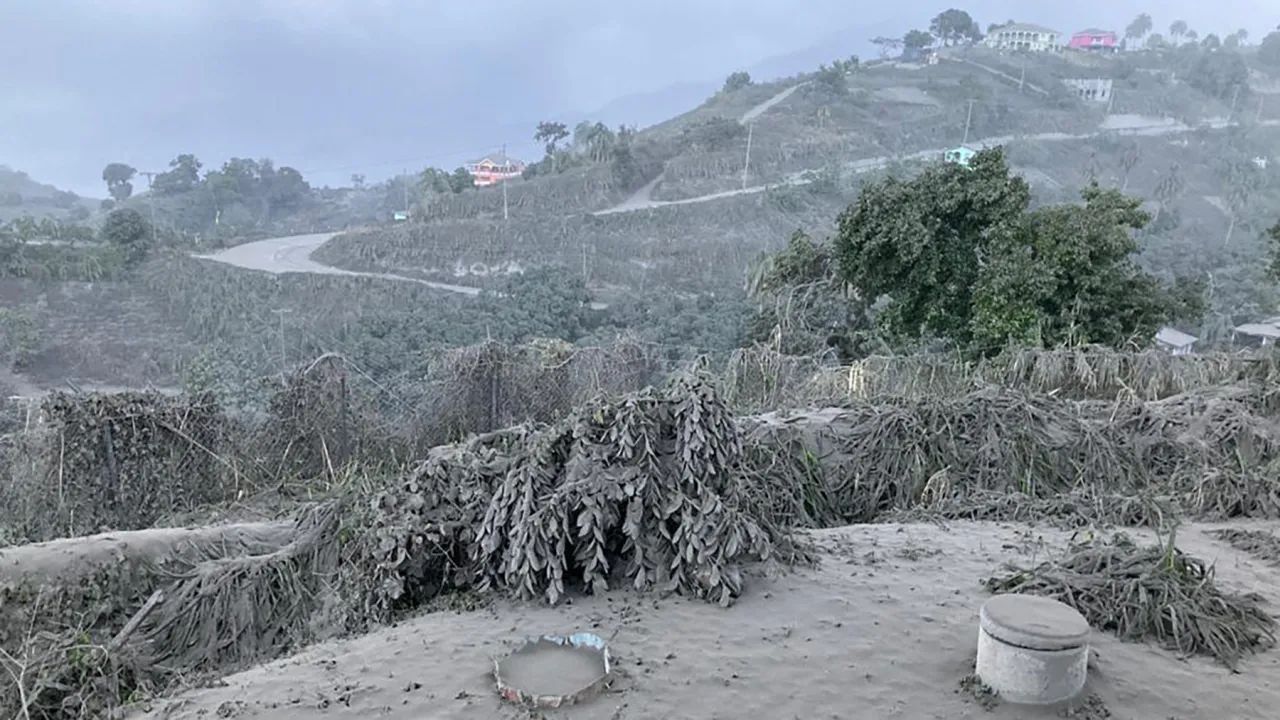 Ash coats a hillside on St. Vincent on April 11, 2021, as the eruption at La Soufriere blanketed communities with debris from the volcano. (Photo by UWI-Seismic Research Centre, Prof. Robertson)