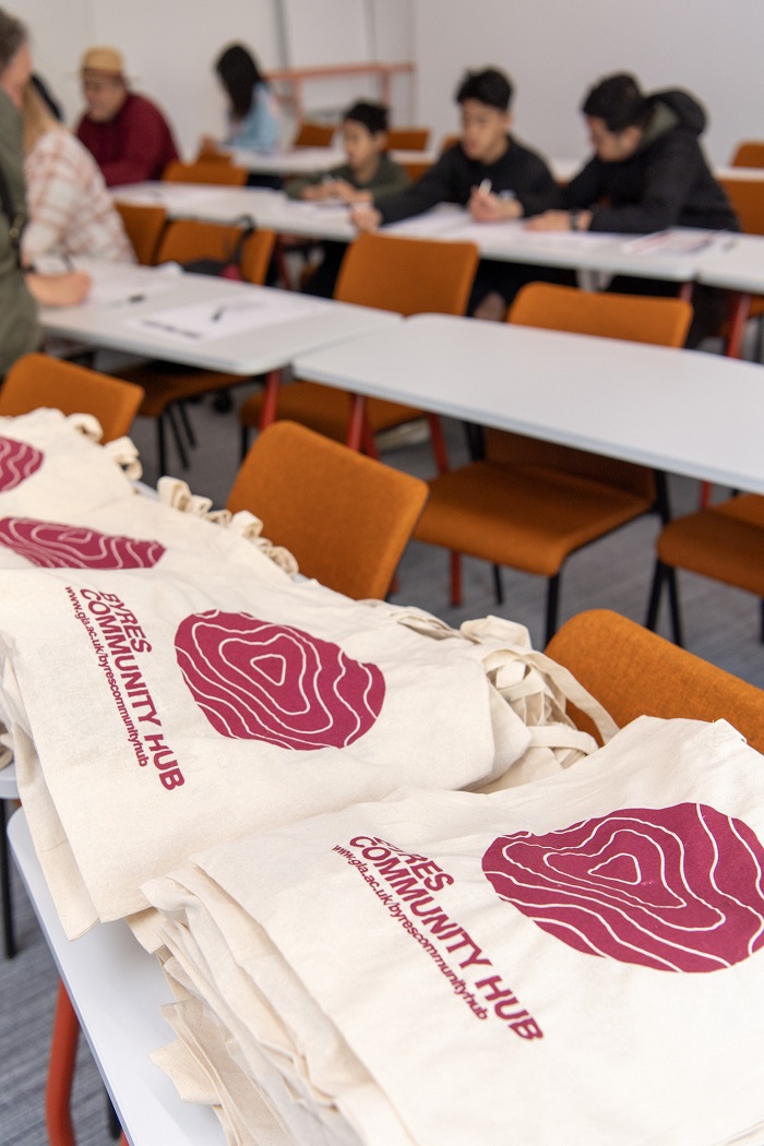 Byres Community Hub tote bags at end of activities of Byres Community Hub Day 2024