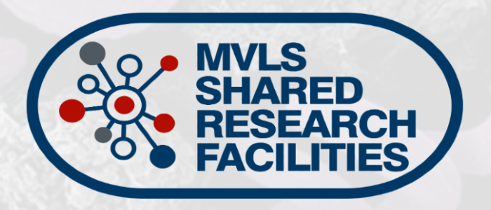 A graphic with the text for MVLS Shared Research Facilities against a white background beside an image showing stylised atoms