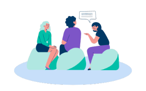 Three Students talking on beanbags (Illustration)