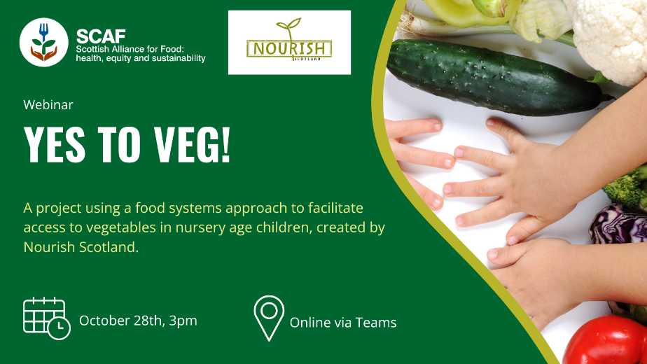 flyer for the yes to veg webinar with a picture of children's hands and vegetables