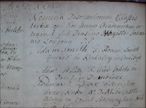 The matriculation entry of Adam Smith in 1737.  (GUAS Ref: GUA 26659 p96.  Copyright reserved.)  