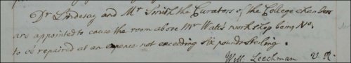 In one of his administrative roles, Adam Smith acted as Curator of College Chambers, along with Hercules Lindsay, as recorded in the Senate minutes, 27th November 1759.  (GUAS Ref: GUA 26641, p1.  Copyright reserved.)