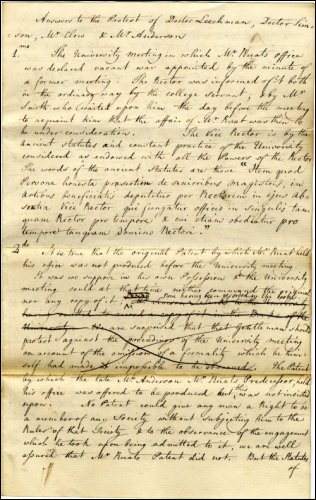 First page of a letter of response by Adam Smith and committee to the protest of Leechman, Simson, Clow and Anderson regarding Professor William Rouet's (also spelt Rouat or Ruat) post being declared vacant, February 1760.  (GUAS Ref: GUA 27027, p1.  Copyright reserved.)