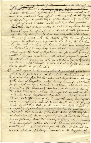 Third page of a letter of response by Adam Smith and committee to the protest of Leechman, Simson, Clow and Anderson regarding Professor William Rouet's (also spelt Rouat or Ruat) post being declared vacant, February 1760. (GUAS Ref: GUA 27027, p3. Copyright reserved.) 