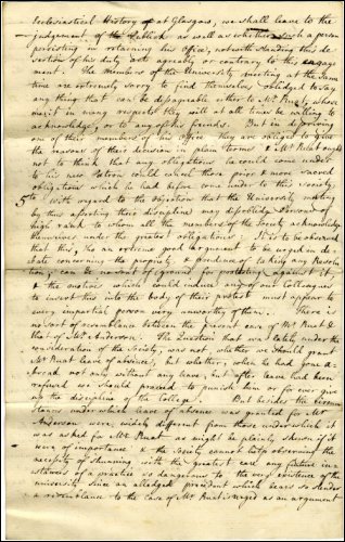 Fourth page of a letter of response by Adam Smith and committee to the protest of Leechman, Simson, Clow and Anderson regarding Professor William Rouet's (also spelt Rouat or Ruat) post being declared vacant, February 1760. (GUAS Ref: GUA 27027, p4. Copyright reserved.) 