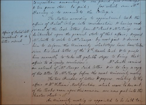 Adam Smith was appointed to pass on the Snell exhibitioner's grievances and the matter was considered by the Senate, as recorded in the Senate minutes, 14th June 1762. (GUAS Ref: 26642, p154. Copyright reserved.)