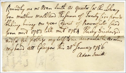 Adam Smith's receipt for money from Barrowfield's fund, 28th January 1756. (GUAS Ref: GUA 58171, see also GUA 58174, GUA 58173 and GUA 19572. Copyright reserved.)