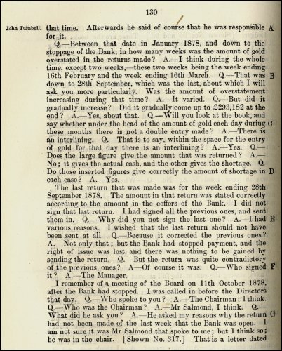 Extract from the report on the trial of John Stewart and others (directors of The City of Glasgow Bank) before the High Court of Justiciary at Edinburgh, 1879. (GUAS Ref: UGD 108/11 p30. Copyright reserved.) 