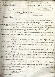 The John Lean & Sons Ltd Archive contains a considerable amount of information regarding the company’s foreign trade, particularly with Calcutta, Bombay and Rangoon.  This document is taken from the series of agents’ letterbooks for Bombay, which date from 1899 to 1950.  The company’s agents in Bombay was Bell, Russ & Co Ltd.  (GUAS Ref: UGD 2/11/1/17 p1.  Copyright reserved.)