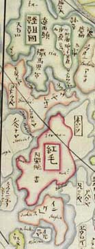 Detail from an 18th century Chinese map of the world (MS Hunter B/E2) Links to manuscript record
