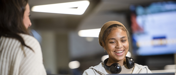 Students in the JMS building