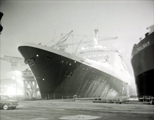 Work continued through the night to attempt to complete the ship before it is sailed downstream to the dry dock.