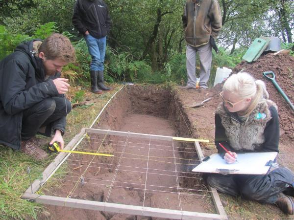 the test excavation at the Cochno Stone, September 2015, with most of the work done by our archaeology students