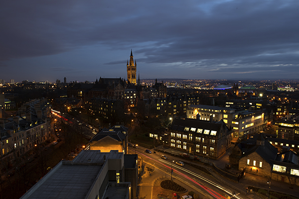 The main campus at night