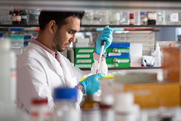 A scientist performs an experiment in a laboratory