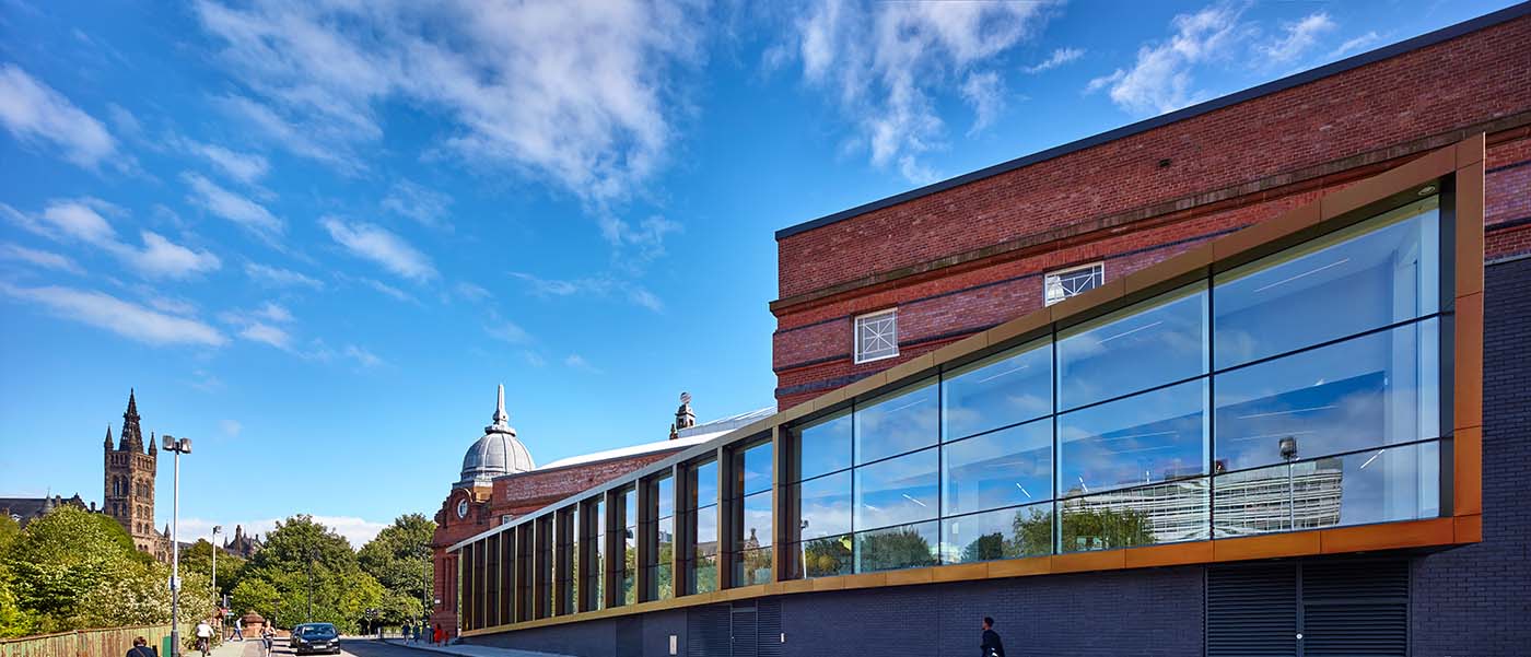 Outside of Kelvin Hall with the University Tower in the background