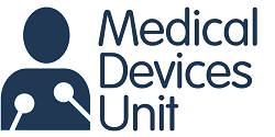 The logo of the Medical Devices Unit in NHS Greater Glasgow and Clyde. The name Medical Devices Unit in navy blue to the right of a stylised image of a person's head and torso with crutches under their arms