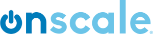 OnScale logo; the name OnScale with On in dark blue and the O resembling an on-switch, and Scale in a lighter blue, on white