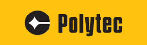 Polytec logo; the name Polytec in black, preceded by a black circle with a white laser emission image, all on a yellow background 