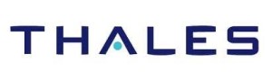 Thales logo; the name Thales in dark blue with a light blue accent on the bar in A, on white