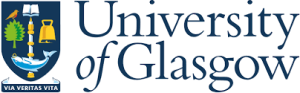 The University of Glasgow logo; University of Glasgow in blue to the right of the coat of arms. A blue shield, surmounted on the left a red-breasted bird on a green leafed tree, to the right a golden bell, in the middle an open book at the top, a staff in the middle, and salmon with a ring in its mouth at the bottom. Underneath the shield is a blue banner with white latin motto Via Veritas Vita