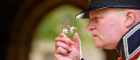 Napoleonic re-enactor Rob Woods of the First Regiment of Foot, Royal Scots with one of the 20,000 28mm miniature soldiers being used to replay the Battle of Waterloo at the University of Glasgow this week end Saturday 15 and Sunday 16 June 2019 Credit John Young 