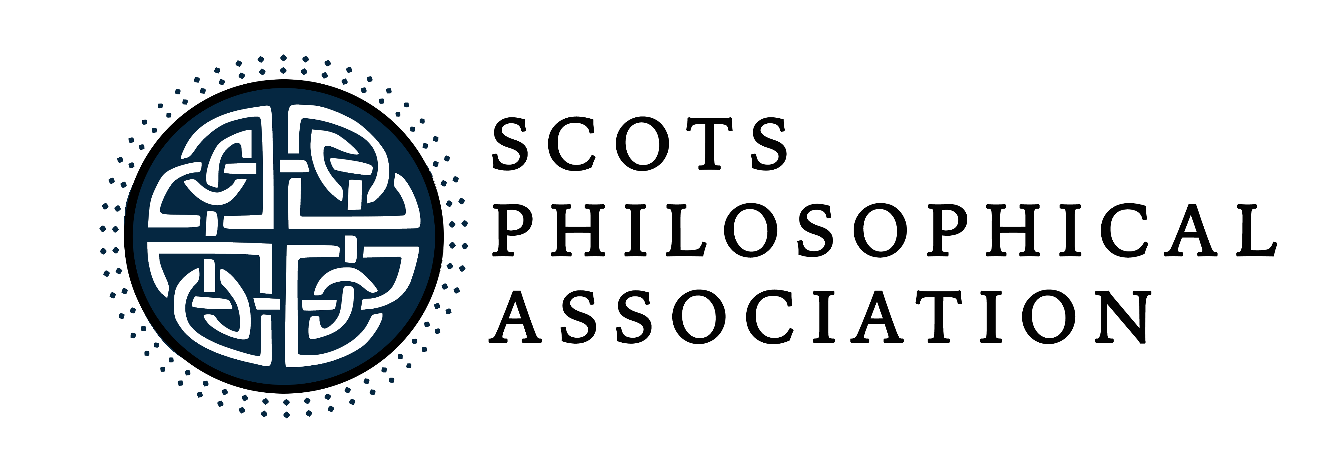 Logo: a round green seal with a complex white celtic knot, accompanied by text that reads 'Scots philosophical association'