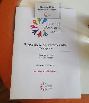 Programme and badge from Diverse Workforce Series LGBT+ event 2019