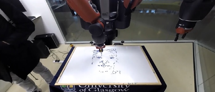 A still image of the Baxter robot showing the output of a student project