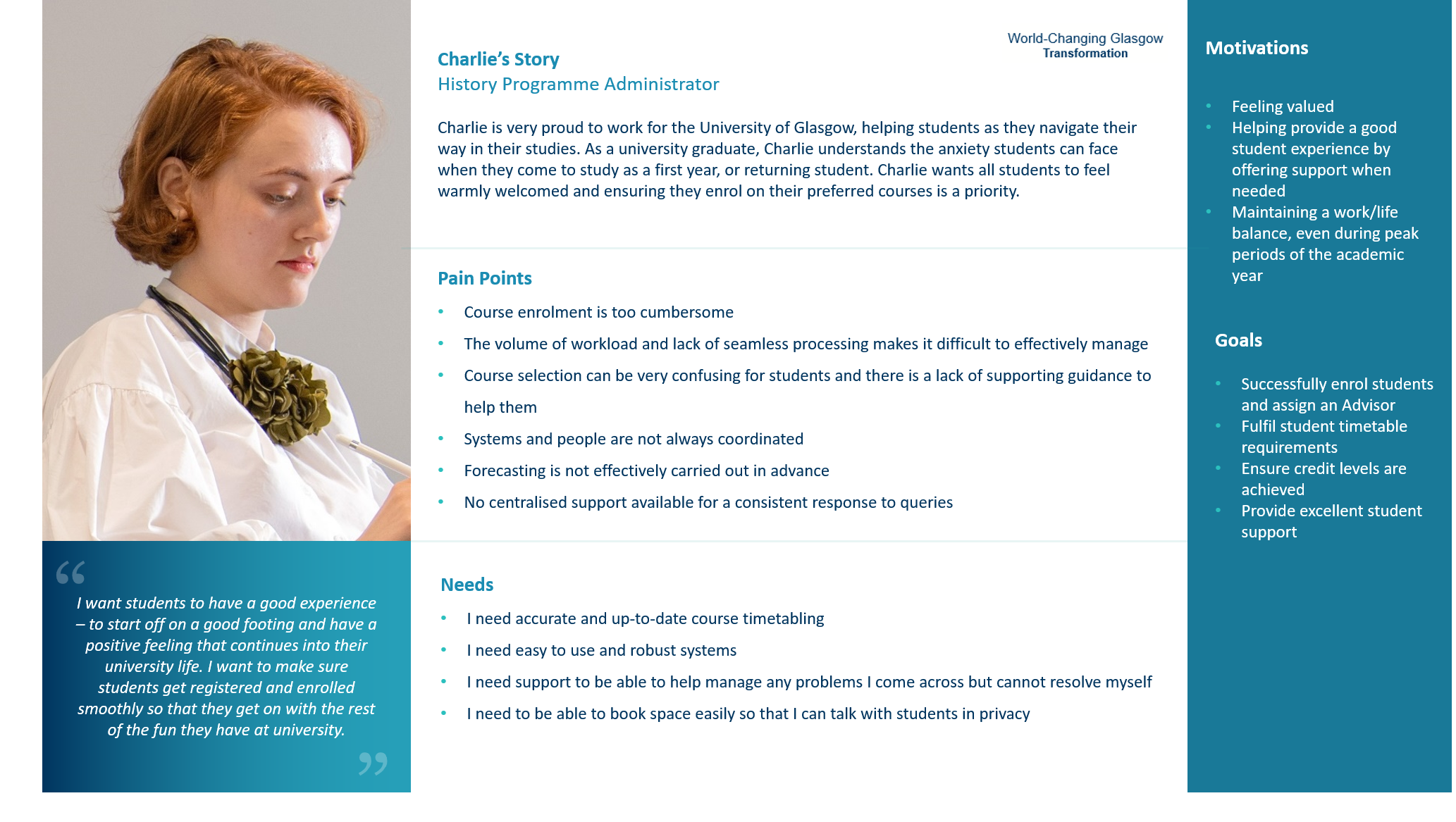 Template of a persona Programme Administrator called Charlie. This includes the key components of a persona: name and image; goals; motivations; pain points and needs.