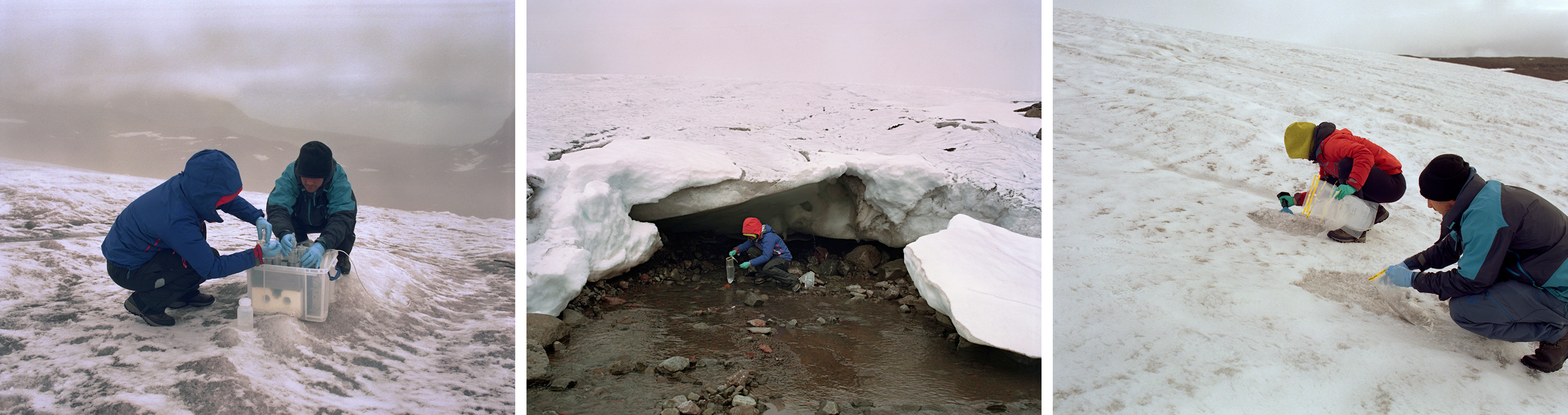 Dr Karen Cameron and Dr Oliver Müller collecting microbial samples from the surface of a glacier and from a subglacial river outflow in Arctic Sweden