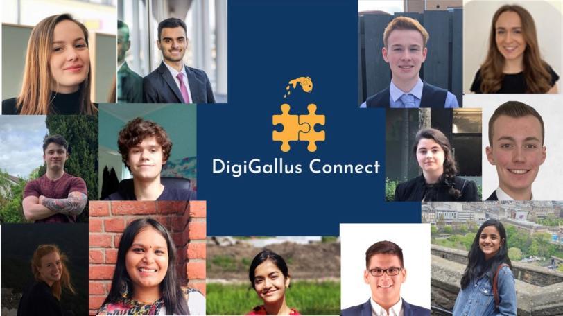 Collage of all students involved in DigiGallus surrounding their logo