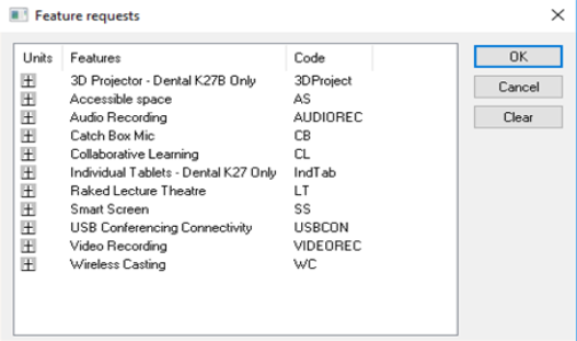 A screenshot from CMIS showing the Features window.